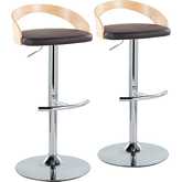 Grotto Adjustable Swivel Bar Stool in Chrome, Natural Wood & Brown Leatherette (Set of 2)